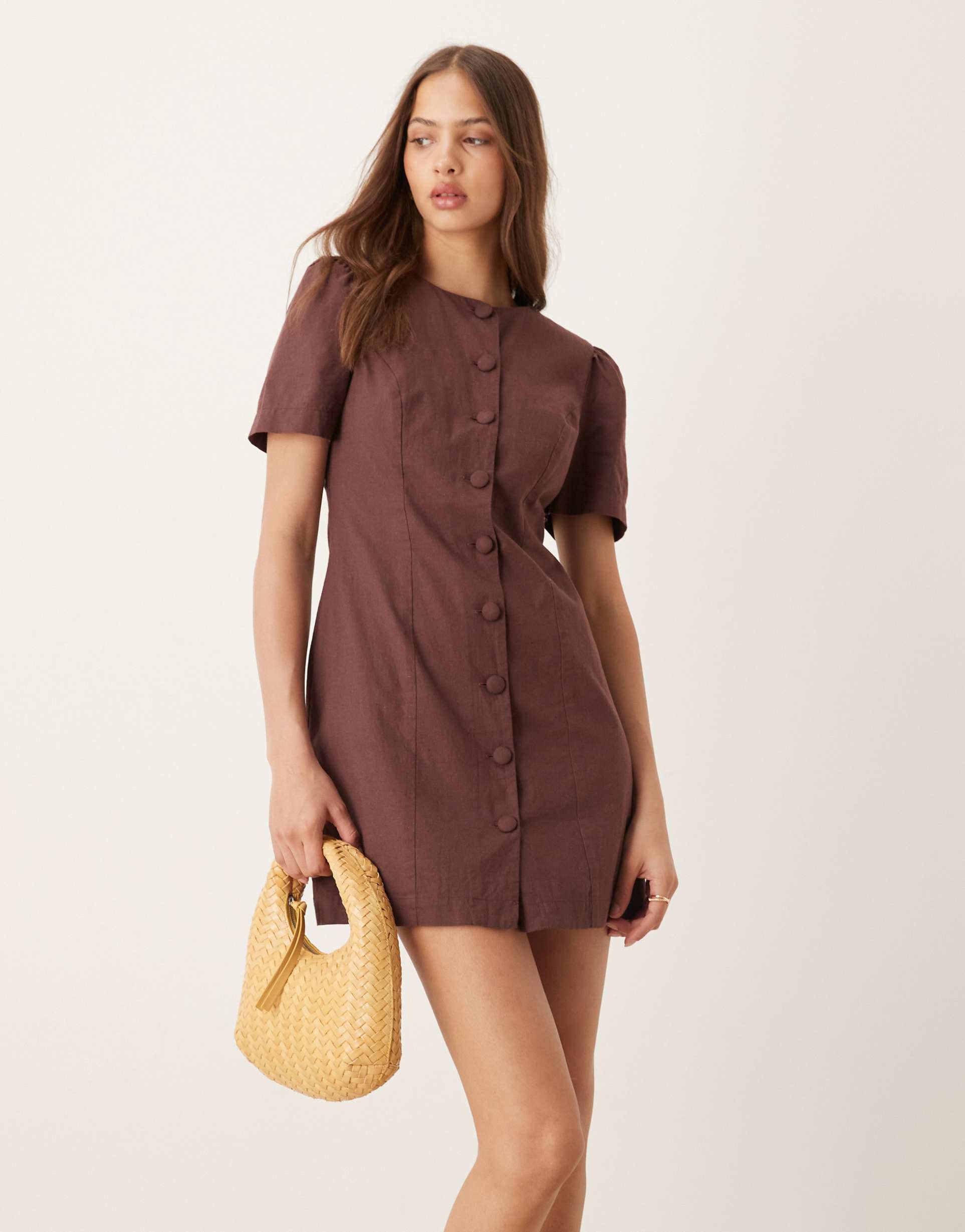 nobody's child tara puff sleeve tailored mini dress in brown