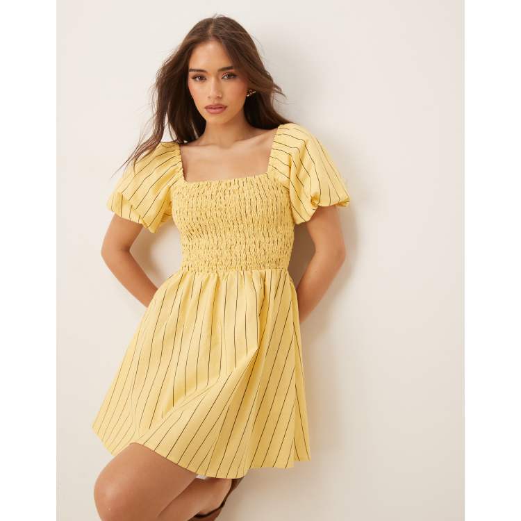 tasmin mini dress Nobody's Child Tasmin puff sleeve mini dress in yellow and chocolate stripe