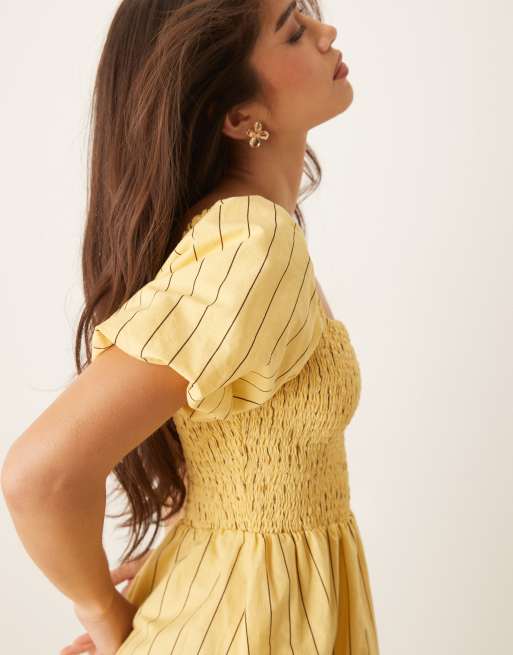 Nobody's Child - Tasmin - Robe courte à rayures et manches bouffantes - Jaune/chocolat, 3 de 4