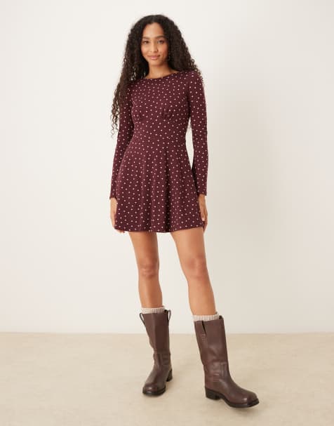 Nobody's Child Tate long sleeve mini dress in burgundy dot - view 1