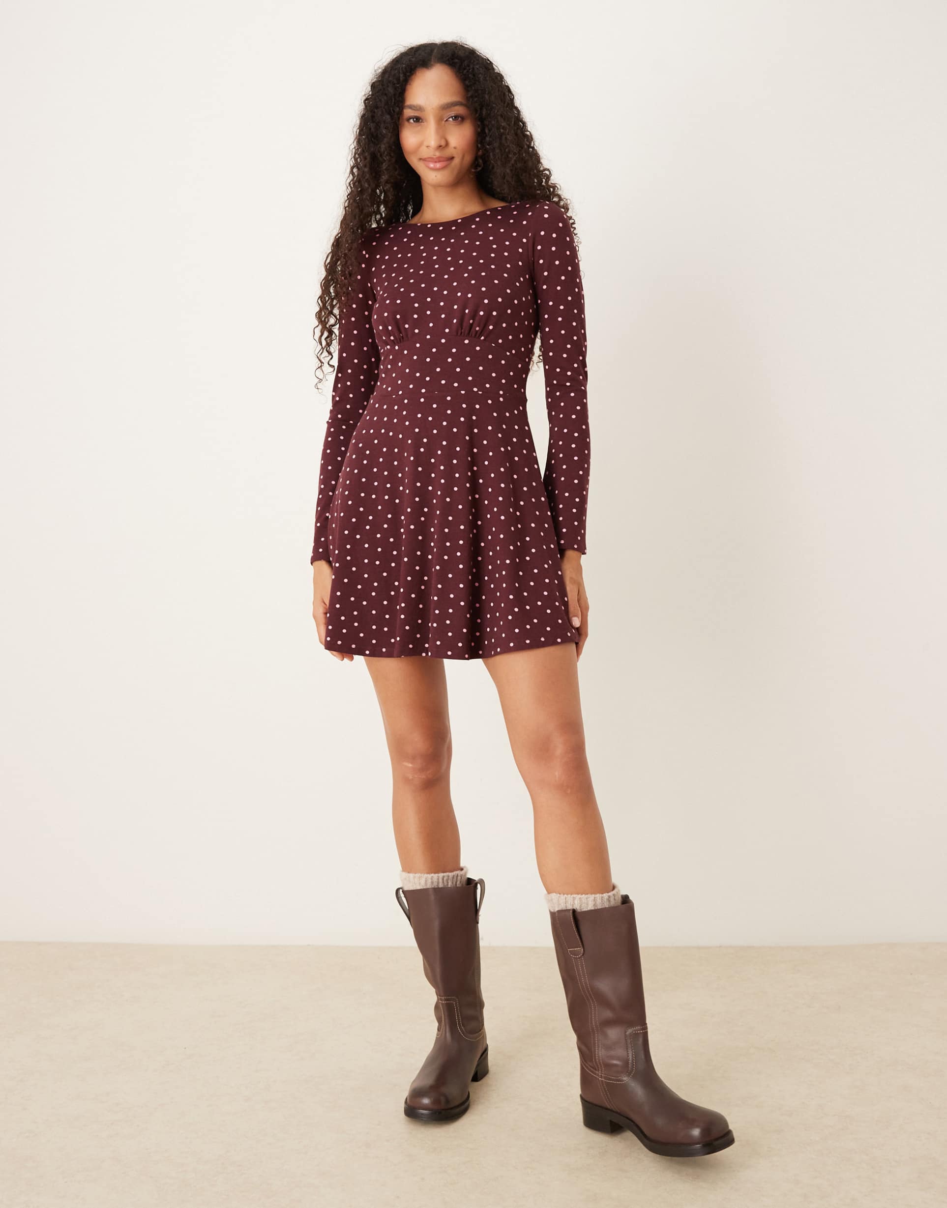 nobody's child tate long sleeve mini dress in burgundy dot