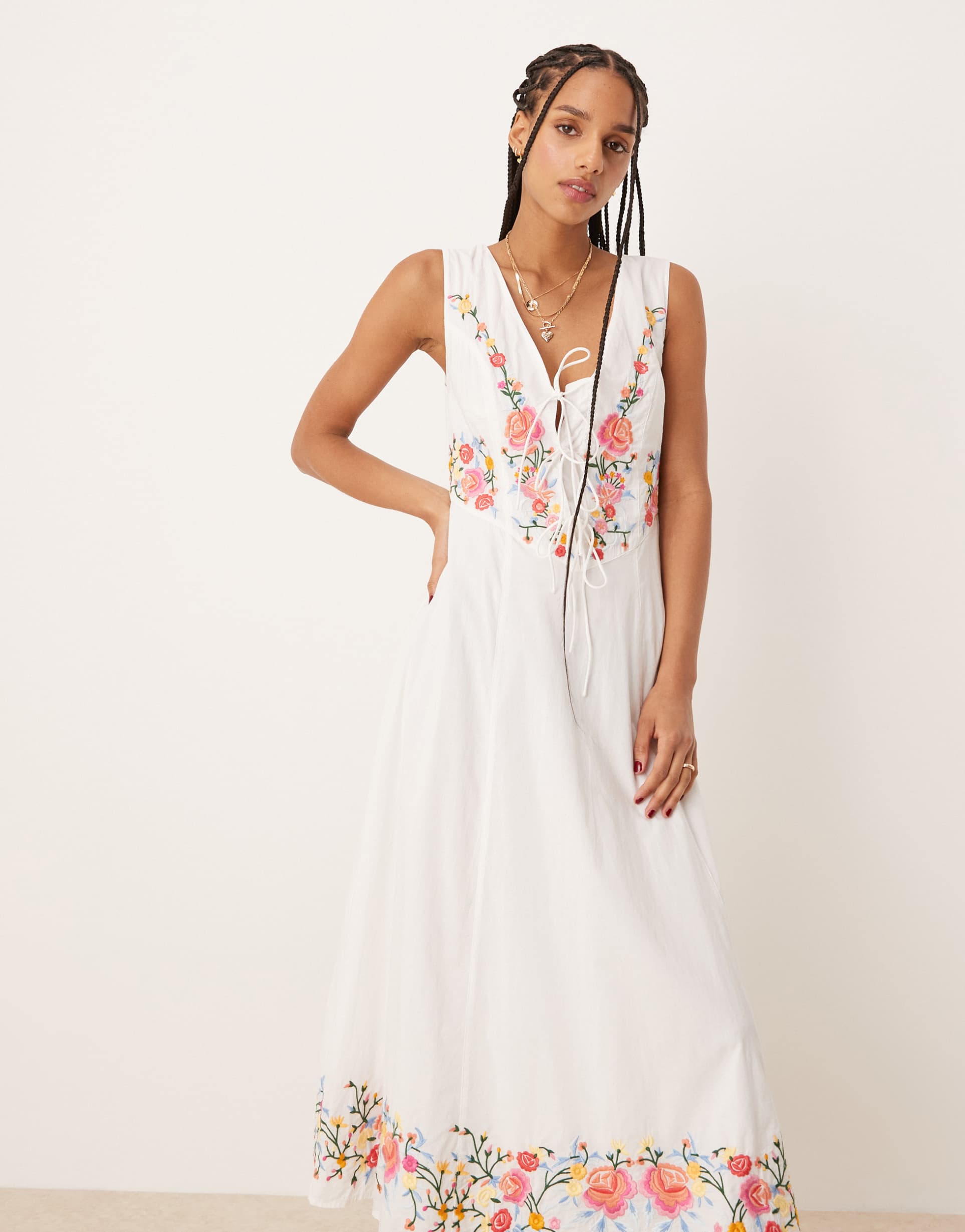 nobody's child terra embroidered midi dress in white