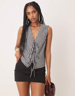 Tessa tie detail sleeveless top in black and white gingham-Multi