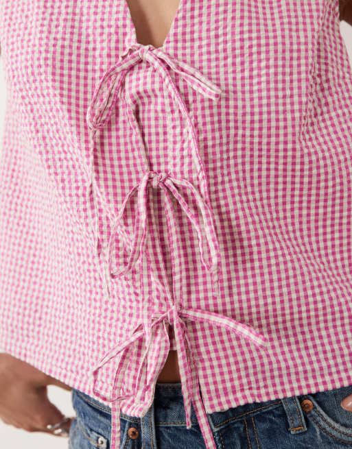 Nobody's Child - Tessa - Top senza maniche in cotone rosa a quadretti con scollo a V e fiocco, 3 di 4