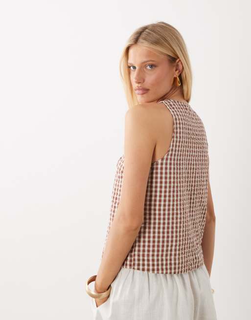 Nobody's Child – Thea – Baumwoll-Bluse in Braun mit Vichy-Karo, U-Ausschnitt und Bindedetails vorne, 4 von 4
