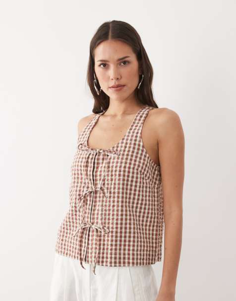 Nobody's Child - Thea - Blouse nouée devant à encolure dégagée - Vichy marron - view 1