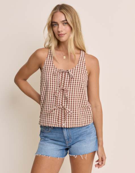 Nobody's Child - Thea - Blouse van katoen met lage ronde hals, gestrikte voorkant en gingham ruit in bruin - view 1