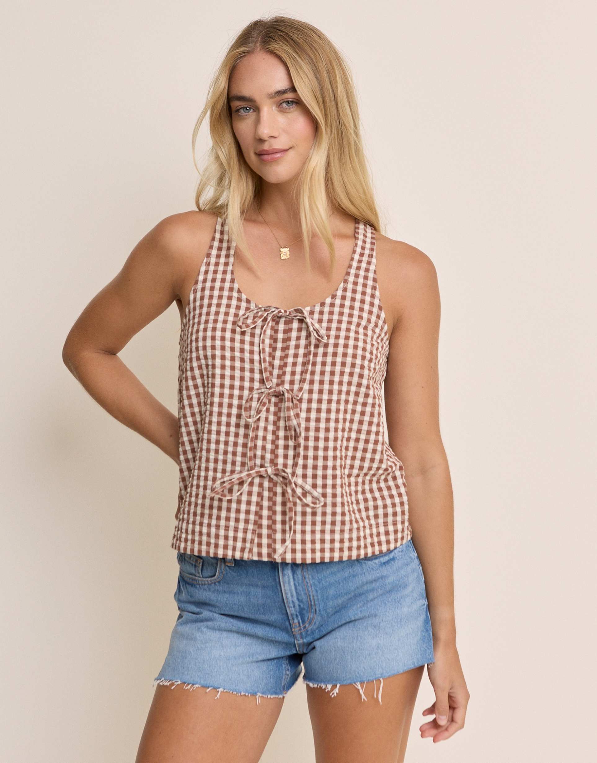 nobody's child thea cotton scoop neck tie front blouse in brown gingham