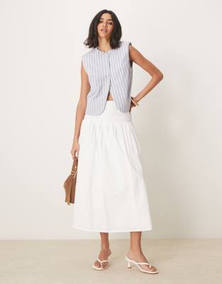 Thelma shirred waist boho midi skirt in white