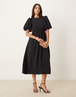 Thora puff sleeve midi dress in black