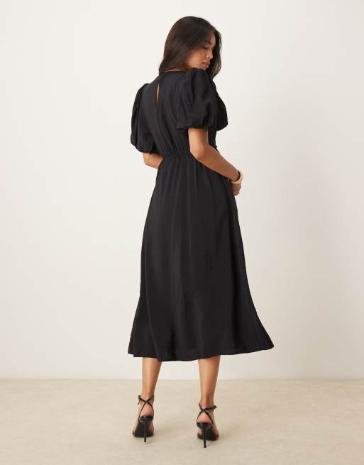 Nobody's Child Thora puff sleeve midi dress in black, 4 of 4