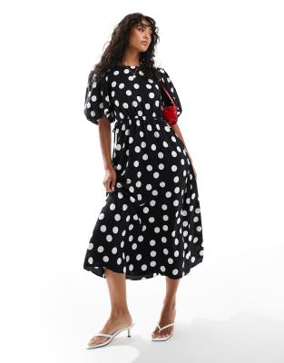 Nobody's Child Thora Puff Sleeve Midi Dress In Polka Dot Print-multi