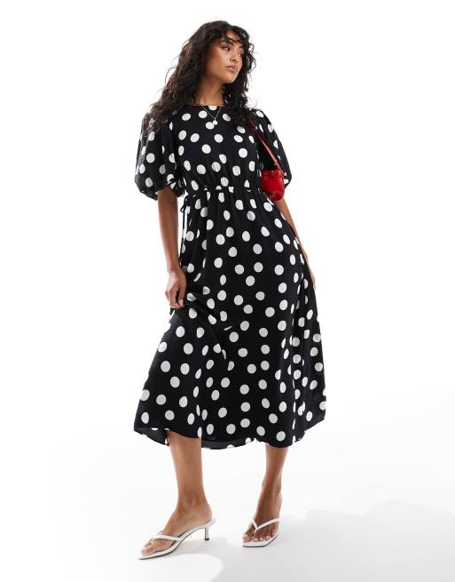 Nobody's Child Thora puff sleeve midi dress in polka dot print