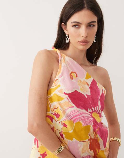 Nobody's Child Tide linen blend one shoulder twisted top co-ord in pink floral - view 1