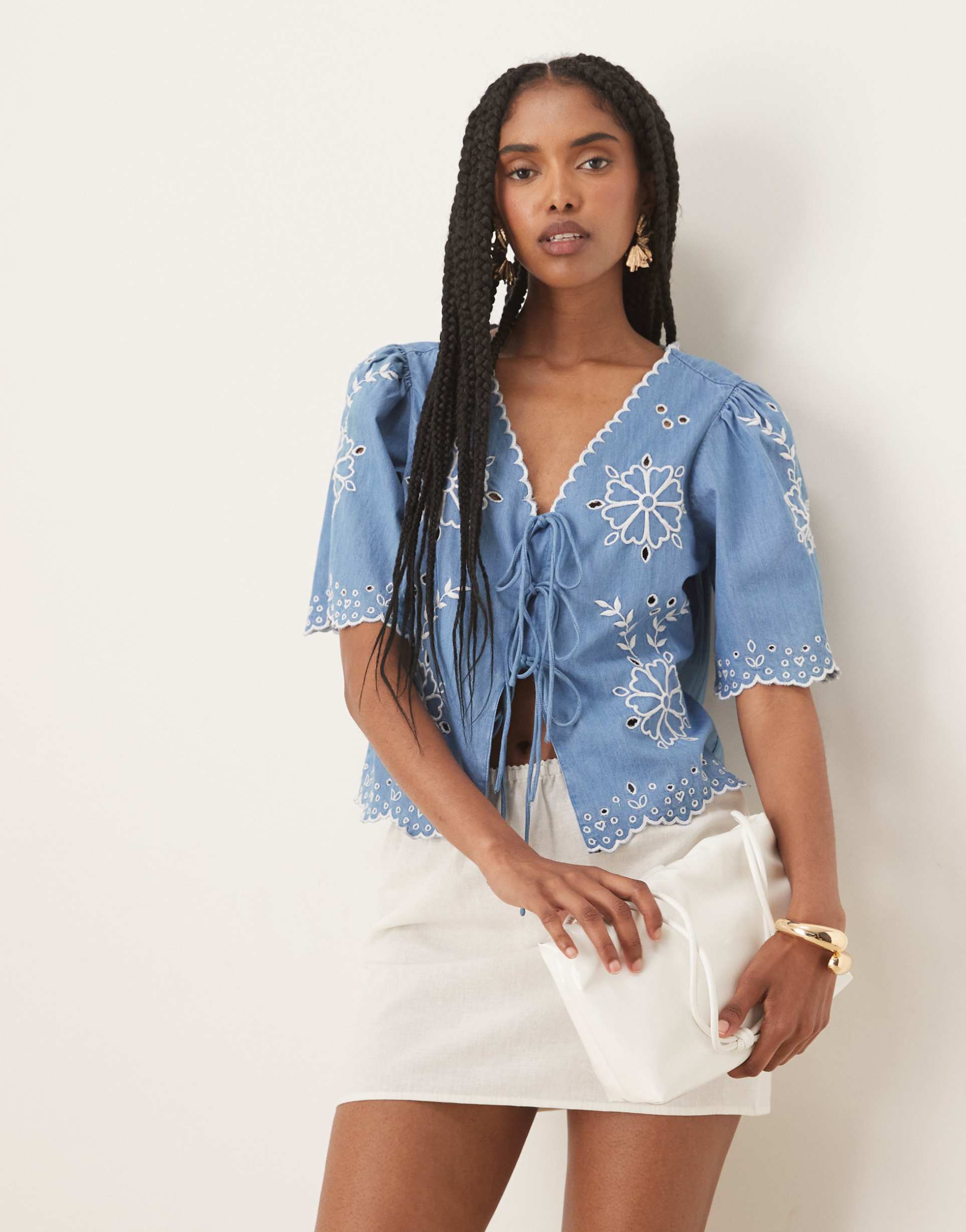 nobody's child tie-detail embroidered denim top in vintage wash