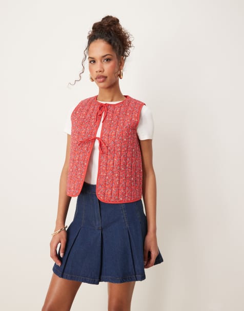 Nobody's Child tie-detail quilted vest in red ditsy - view 1