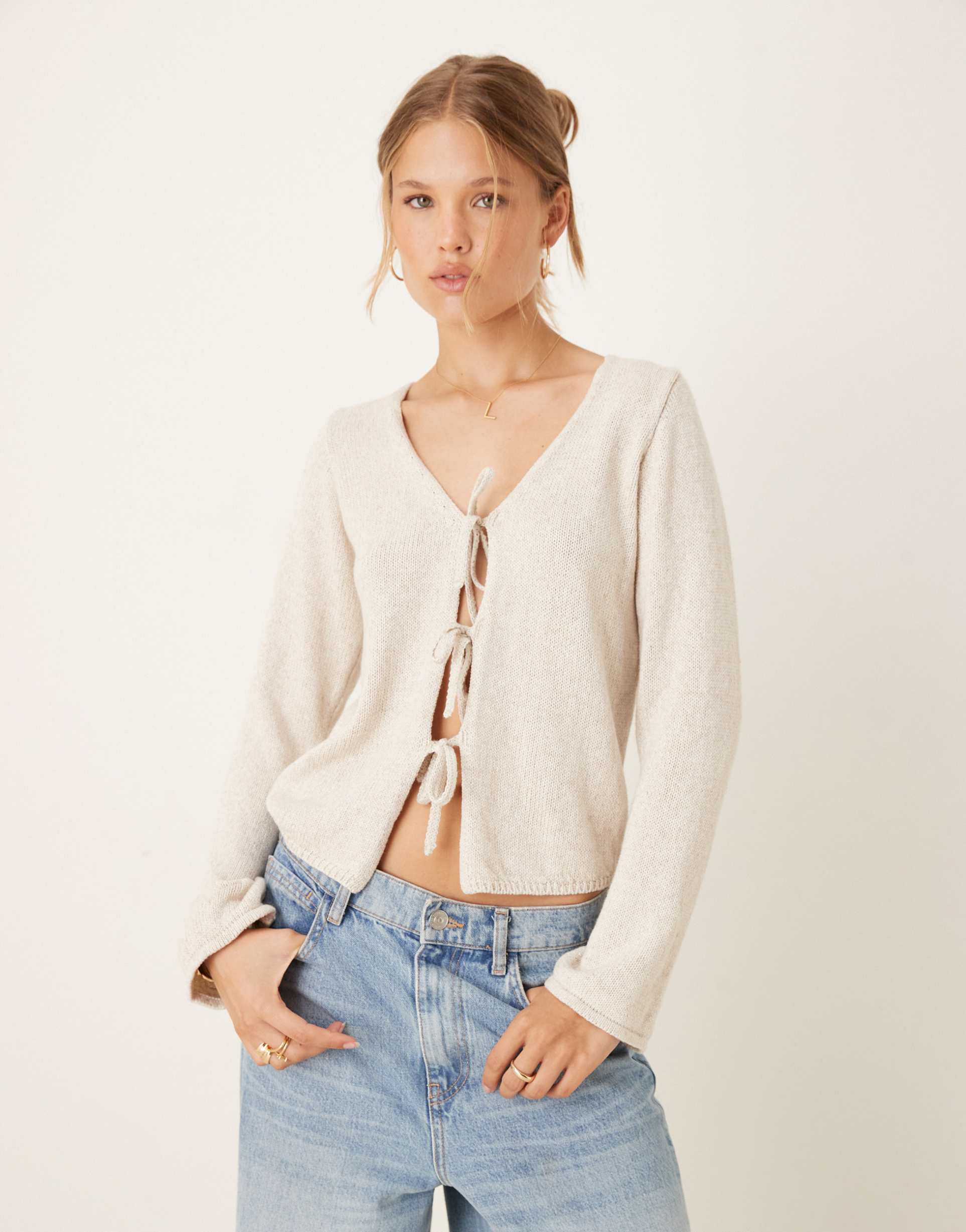 nobody's child tie-front cardigan in ivory