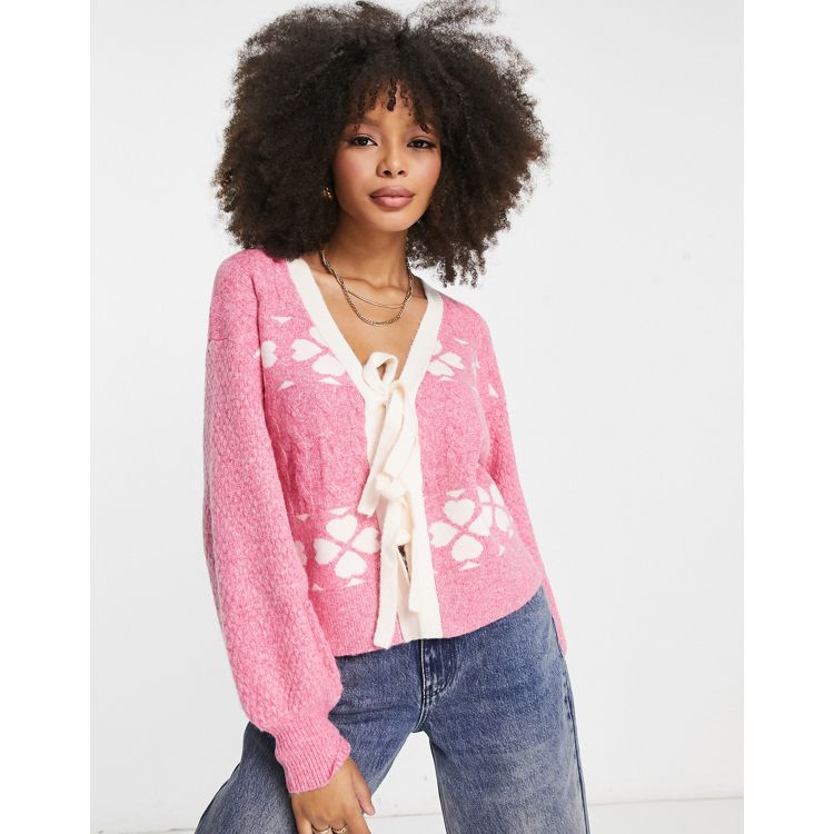 Nobody's Child tie front jacquard cable knit cardigan in pink | ASOS
