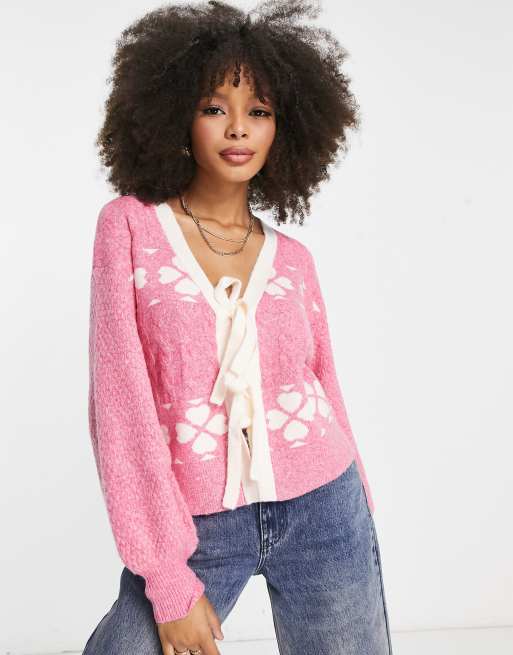 Nobody's Child tie front jacquard cable knit cardigan in pink | ASOS