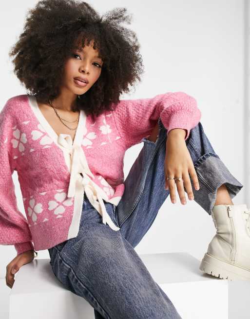 Cable Bobble Short Cardigan – Pink