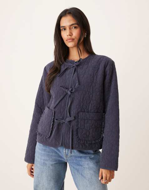 Nobody's Child tie-front quilted jacket in navy - view 1