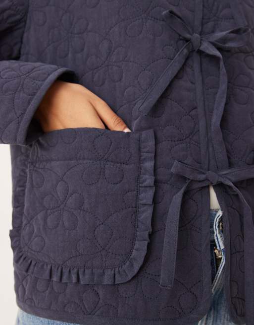Nobody's Child tie-front quilted jacket in navy, 3 of 4