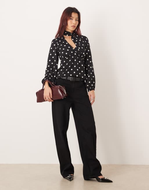 Nobody's Child tie neck detail blouse in navy spot, 2 of 4