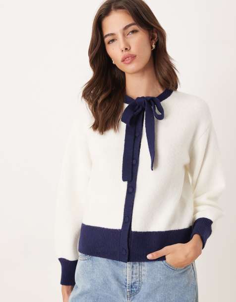 Nobody's Child tie neck mono cardigan with wool in ivory and black - view 1