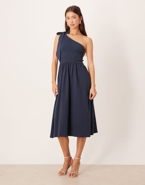 Nobody's Child tie one shoulder shirred detail midi dress in navy