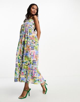 Nobody's Child Tie Shoulder Postcard Print Cami Dress-multi