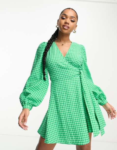 Nobody's Child tie waist puff sleeve mini dress in green check - view 1