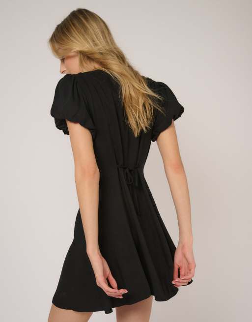 Nobody's Child Tilla puff sleeve button up mini dress in black, 3 of 4