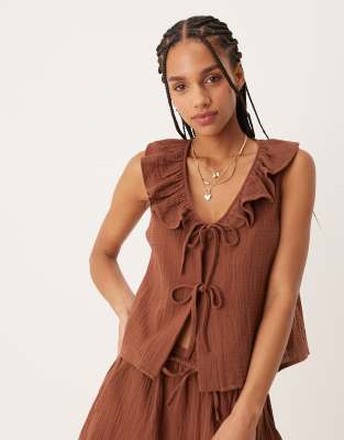 Nobody's Child Tina gauze tie-detail ruffle top co-ord in chocolate-Brown