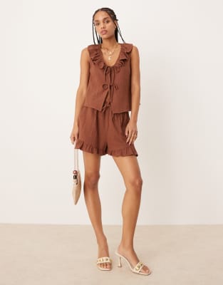 nobody's child tina gauze tie-detail ruffle top in chocolate - part of a set