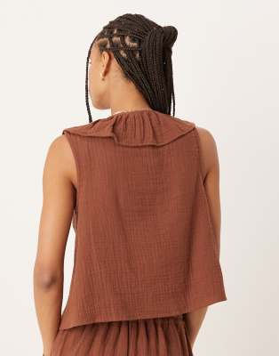 nobody's child tina gauze tie-detail ruffle top in chocolate - part of a set