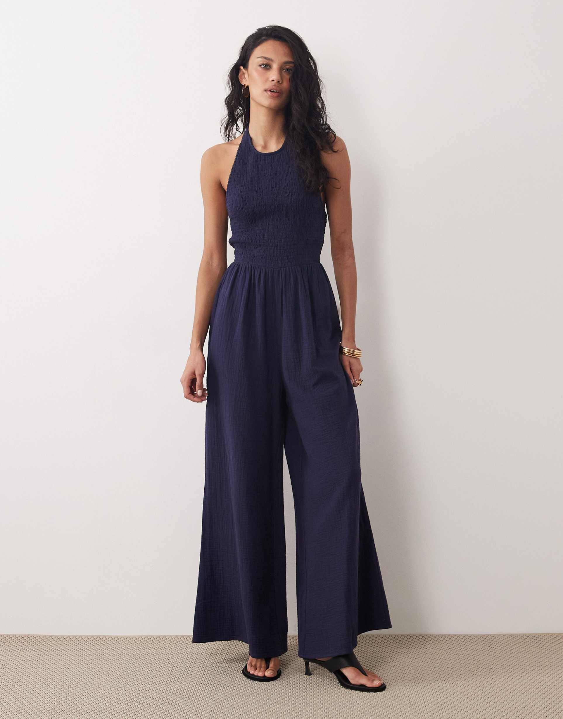 nobody's child tizzy cotton halterneck wide leg jumpsuit in navy
