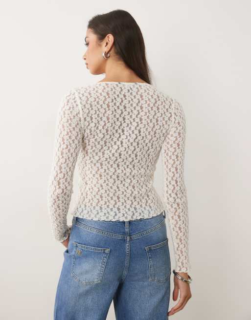 Nobody's Child - Top a maniche lunghe bianco in pizzo con scollo a barchetta, 4 di 4