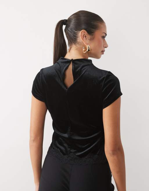 Nobody's Child top in velluto con collo alto, maniche ad aletta e orlo in pizzo nero, 4 di 4