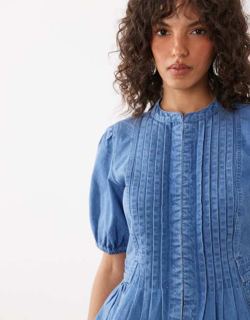 Nobody's Child top peplum en denim coton, col ras de cou, devant plissé, fermeture à agrafes, bleu, 3 de 4