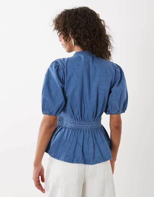 Nobody's Child top peplum en denim coton, col ras de cou, devant plissé, fermeture à agrafes, bleu, 4 de 4