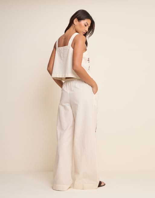 Nobody's Child Topaz cotton drawstring wide leg trouser co-ord in cream print, 2 of 4