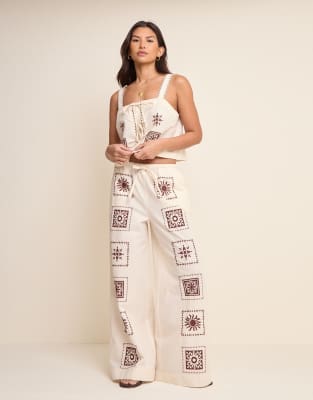 Nobody's Child Topaz Drawstring Wide Leg Printed Cotton Pants In White