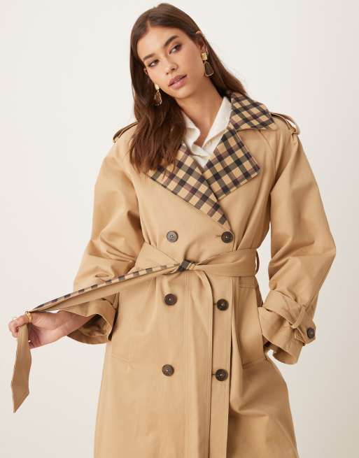 Nobody's Child trench coat with contrast check collar in camel ASOS