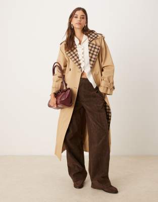 Nobody's Child Trench Coat With Contrast Plaid Collar In Blue