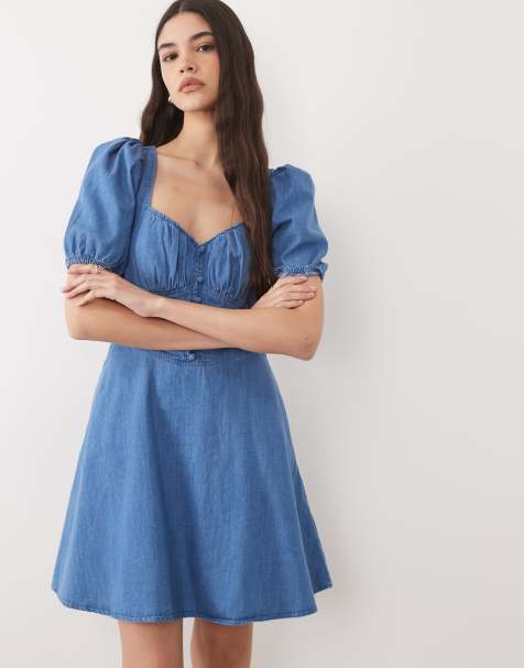 Nobody's Child Tulla denim sweetheart neckline puff sleeve mini dress in mid wash blue - view 1