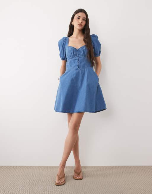 Nobody's Child Tulla denim sweetheart neckline puff sleeve mini dress in mid wash blue