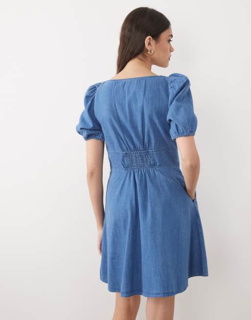 Nobody's Child Tulla denim sweetheart neckline puff sleeve mini dress in mid wash blue