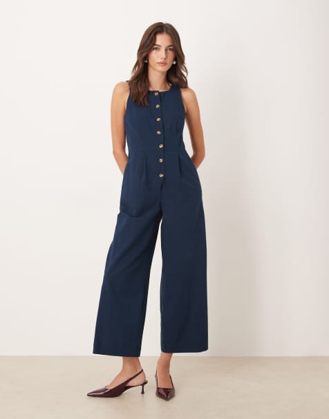 Nobody's Child - Tuta jumpsuit sartoriale con bottoni sul davanti e scollo squadrato blu scuro - view 1