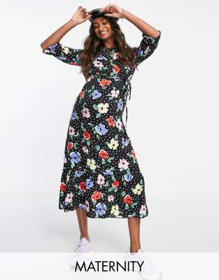 Nobody's Child – Umstandsmode – Midikleid mit Puffärmeln und gepunktetem Blumenmuster