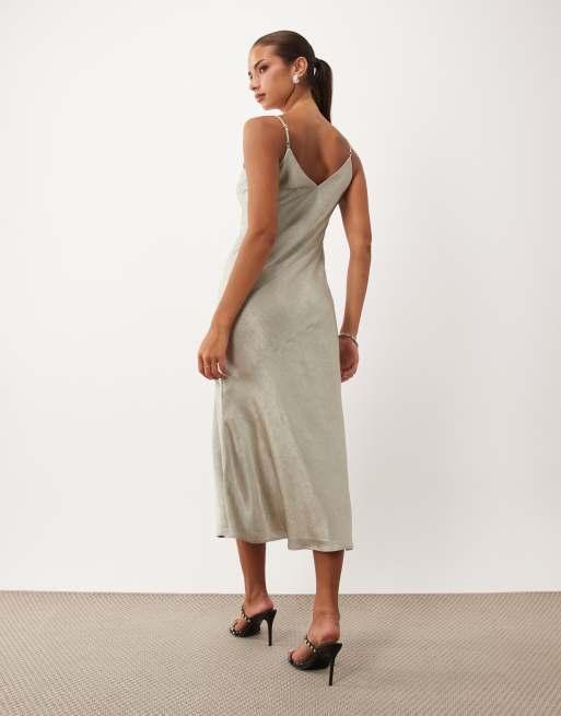 Nobody's Child v-neck cami slip midi dress in silver, 2 of 4